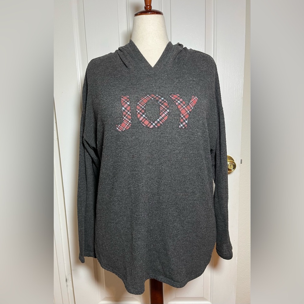Lane Bryant Charcoal Hoodie Top with Plaid “JOY” Graphic